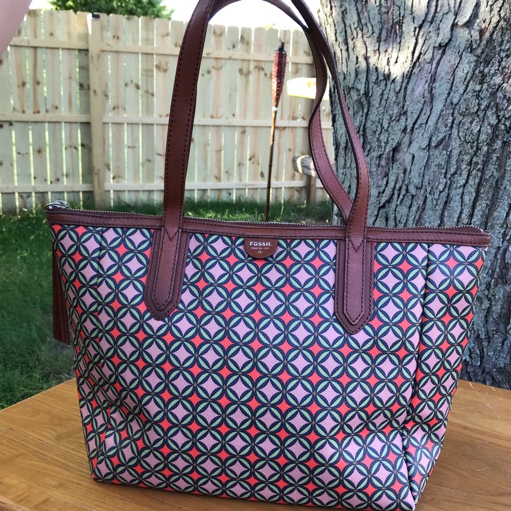 Fossil coated leather geometric print tote bag